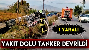 Yakıt dolu tanker tarlaya devrildi