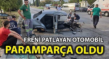 Freni patlayan otomobil paramparça oldu